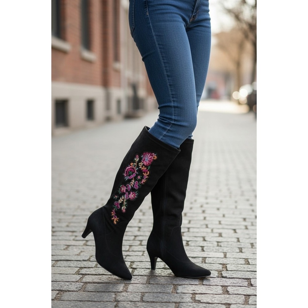 Whimsigoth Cottage Dark Fairy Black Suede Boots Knee High Embroidered Floral 10W
